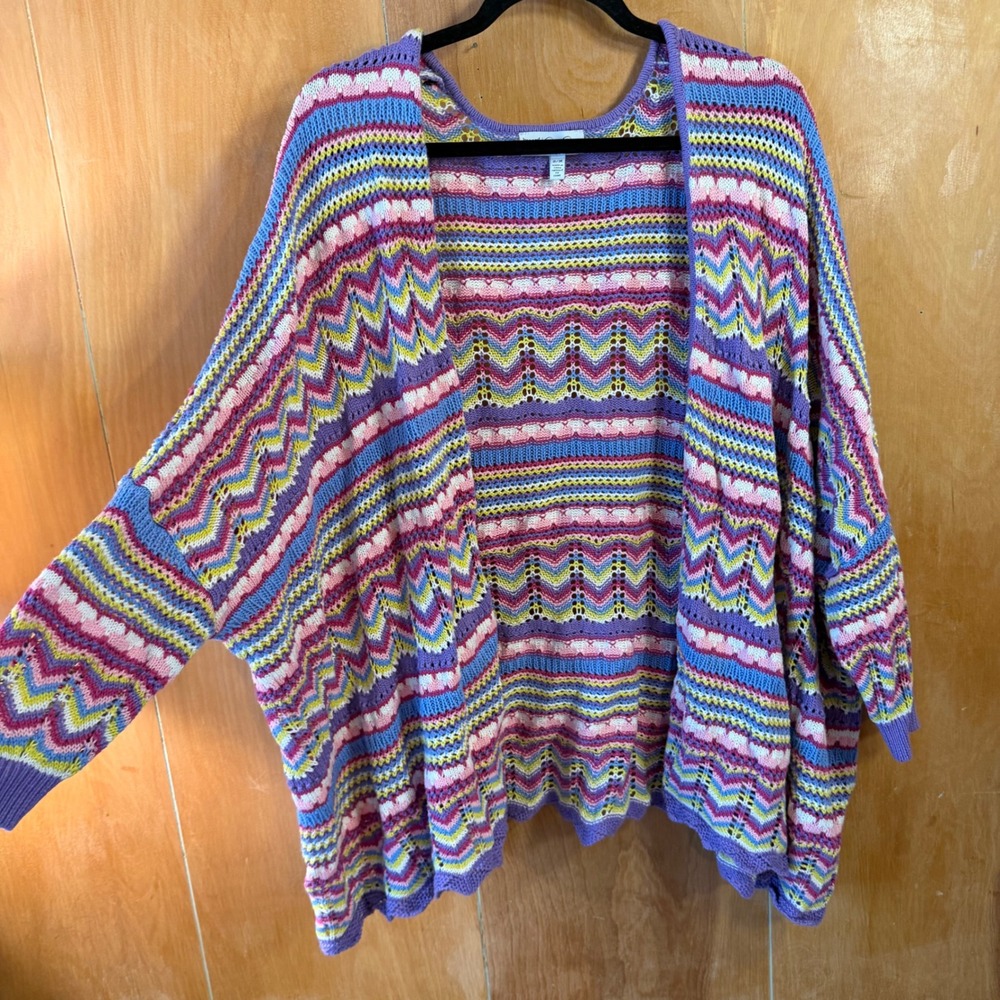 Jessica Simpson Multi Color Chevron Pointelle Knit Open Front Cardigan S/M - Picture 2 of 8